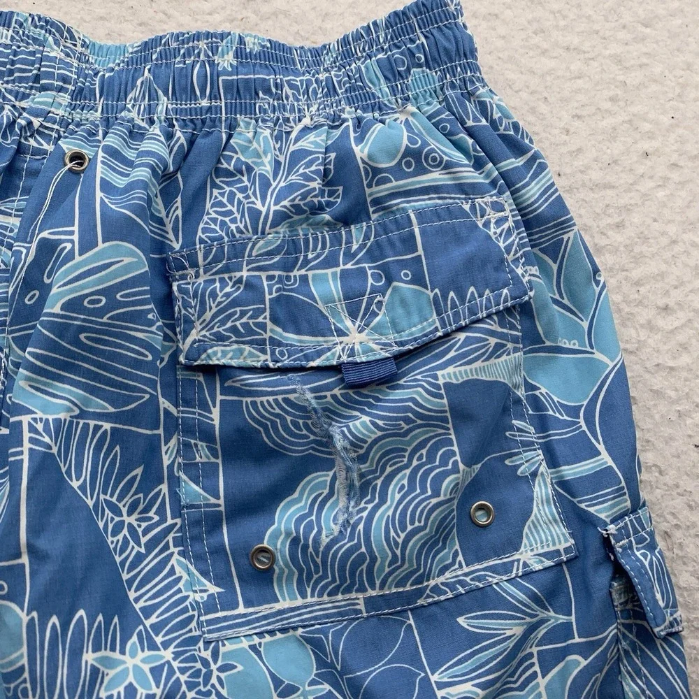 Tori Richard Swim Shorts Mens Medium Blue Hawaiian Tiki Lined Bathing Suit Flaws